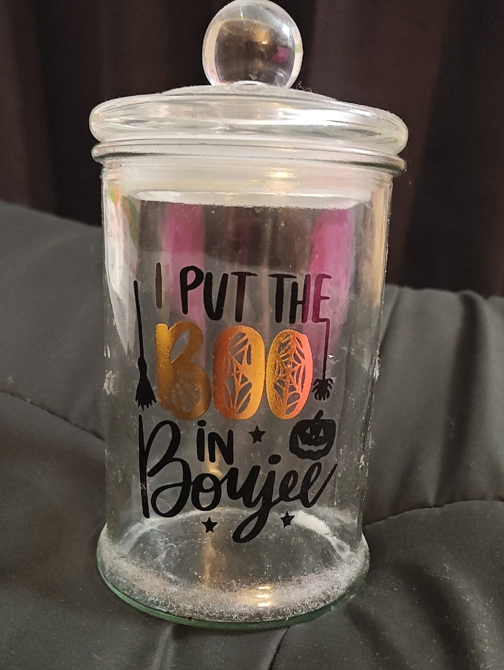 Clear Glass Halloween Candy Jar with Gold & Black 'Boo' Design